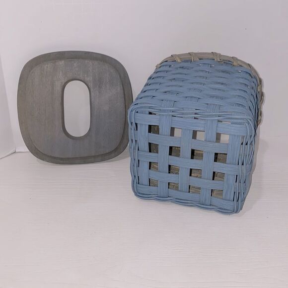 Blue Woven Wicker Basket Tissue Box Holder with Wood Gray Wash Lid - Picture 6 of 11
